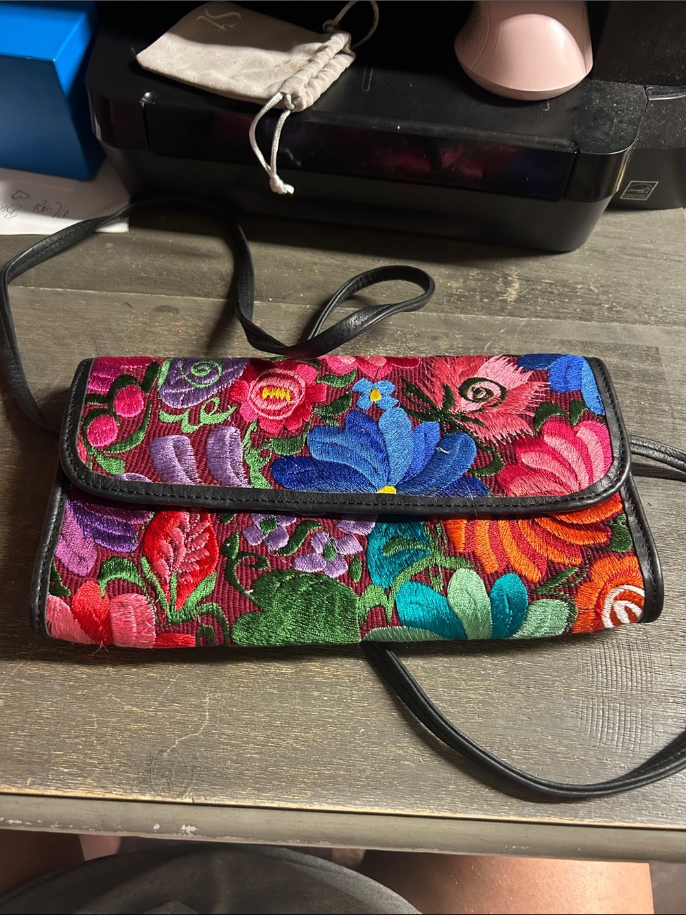Embroidered Floral Crossbody Clutchโ - Pink, Blue & Green cotton & leather